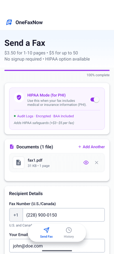 OneFaxNow payment and HIPAA options on Android