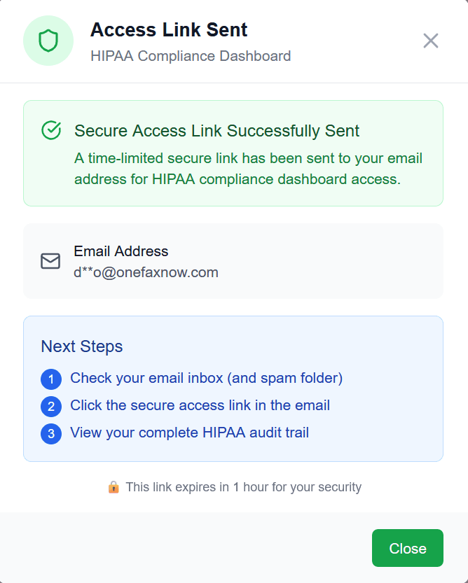 Screenshot of a OneFaxNow secure access link email for the HIPAA compliance dashboard