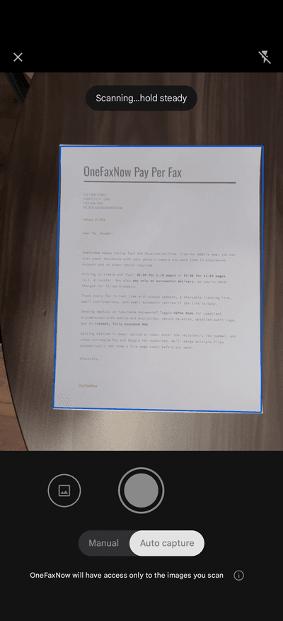 Scanning a document with iPhone camera in OneFaxNow app