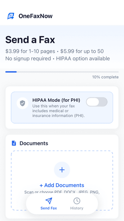 OneFaxNow fax form on iPhone
