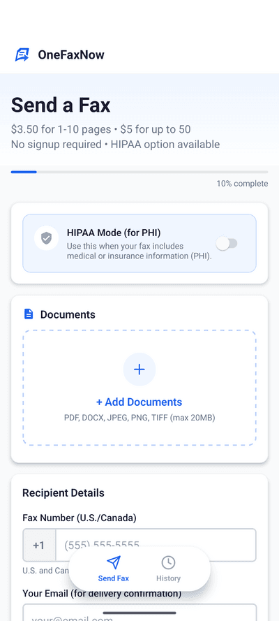 OneFaxNow payment screen on iPhone