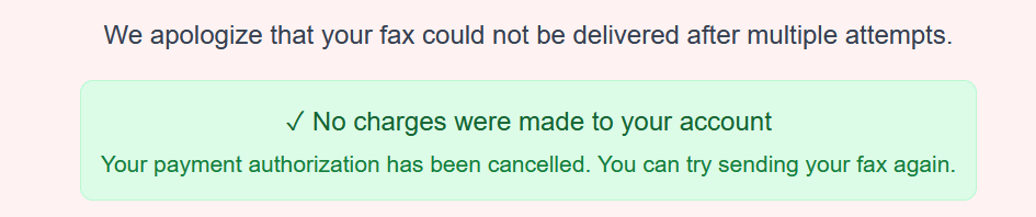 Screenshot of OneFaxNow banner indicating that no charges were made after a failed court fax delivery