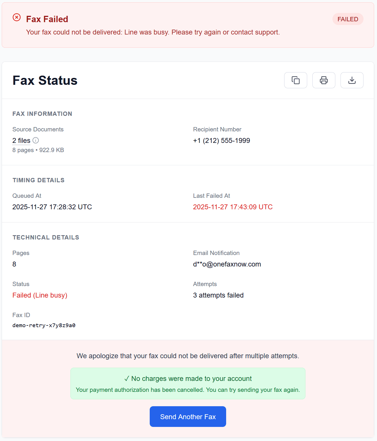 OneFaxNow failed fax status page showing $0 charge and failure details