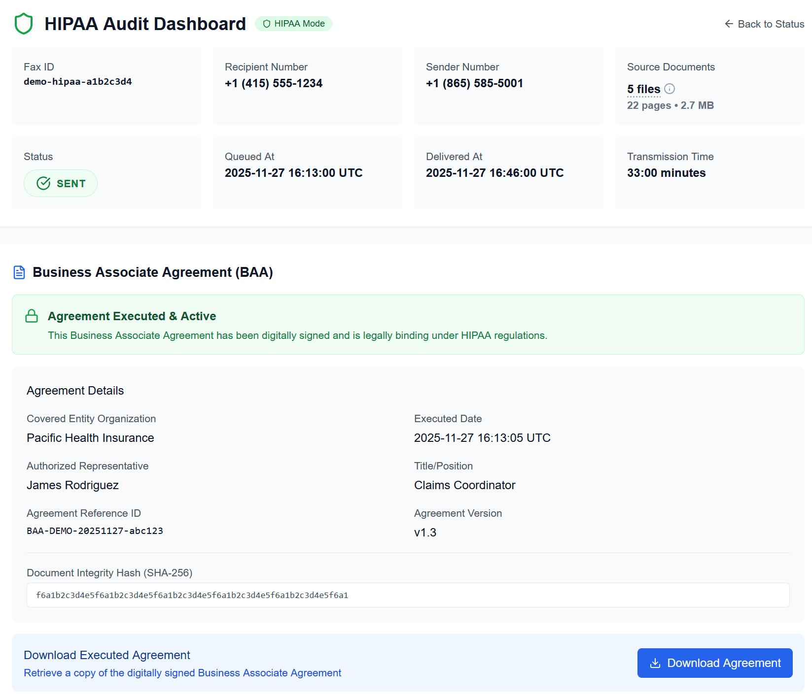 OneFaxNow HIPAA compliance dashboard showing BAA management and download options