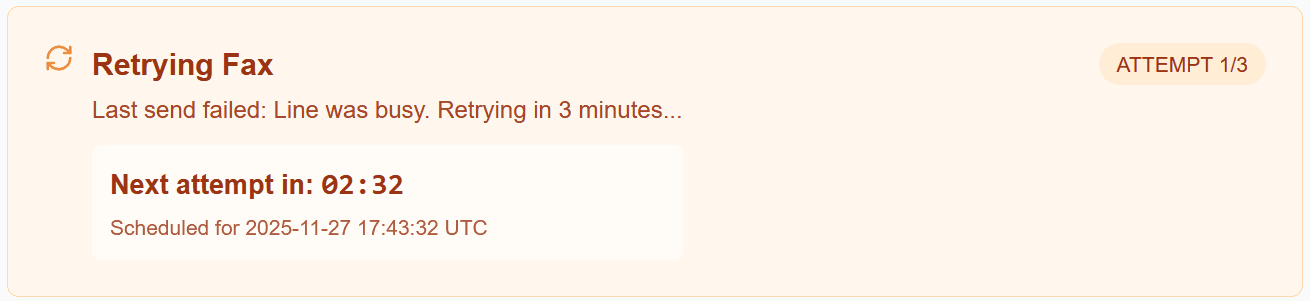 OneFaxNow automatic retry notification showing line busy with countdown to next attempt