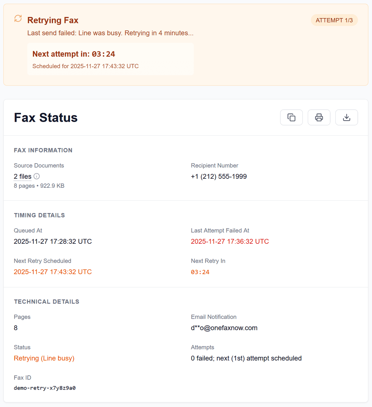 Screenshot of OneFaxNow showing a busy court fax line and automatic retry countdown