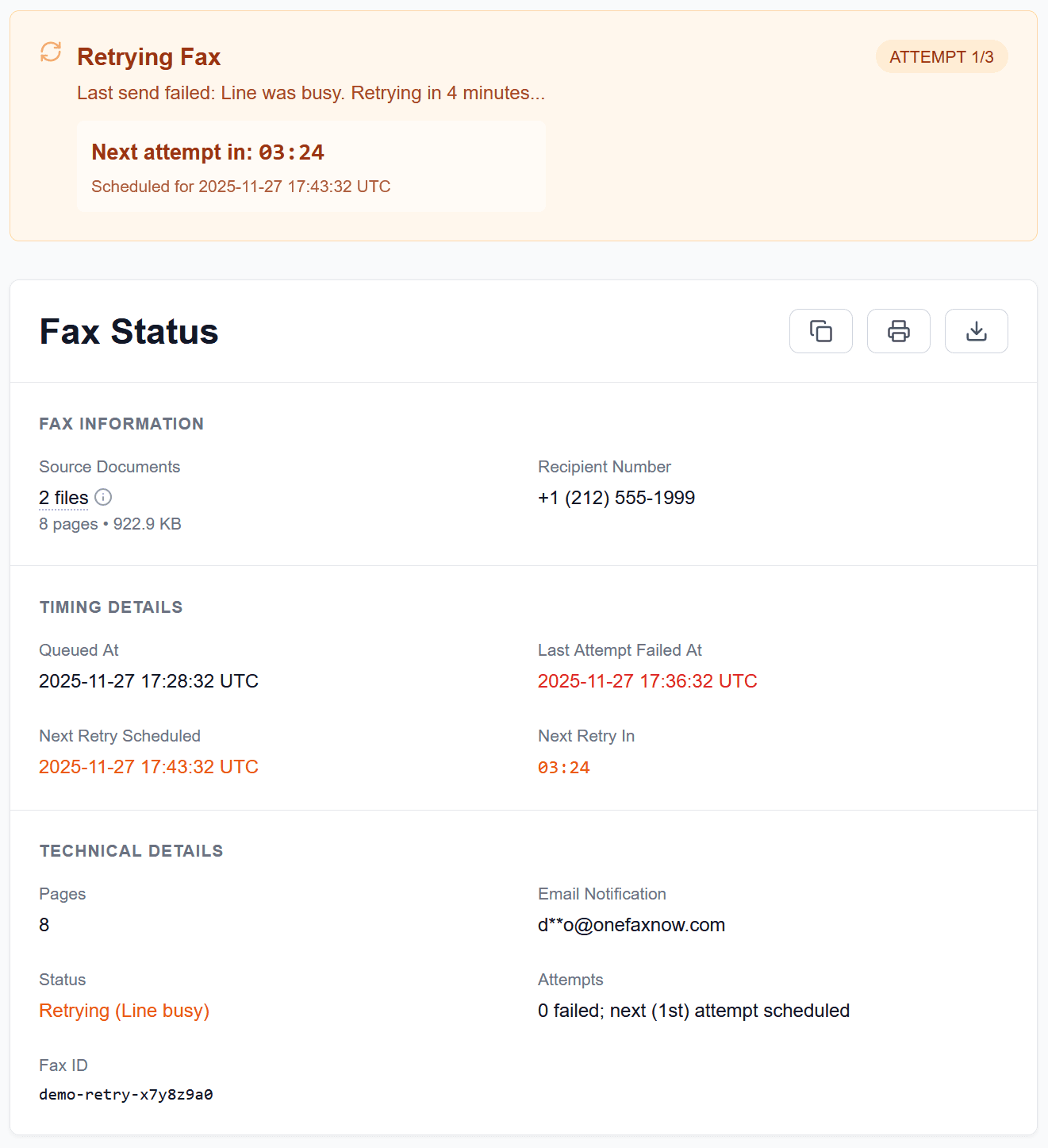 OneFaxNow automatic retry status showing line busy with countdown to next attempt